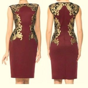 Tadashi Shoji Neoprene Embroidered Gold Dress